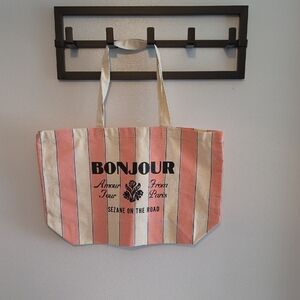 Sezane Bonjour Stripe Canvas Tote in Pink & Cream